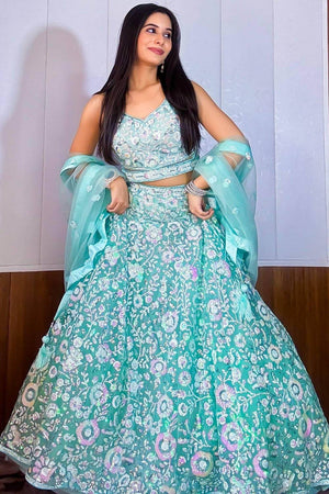 Blue Sequin Net Lehenga