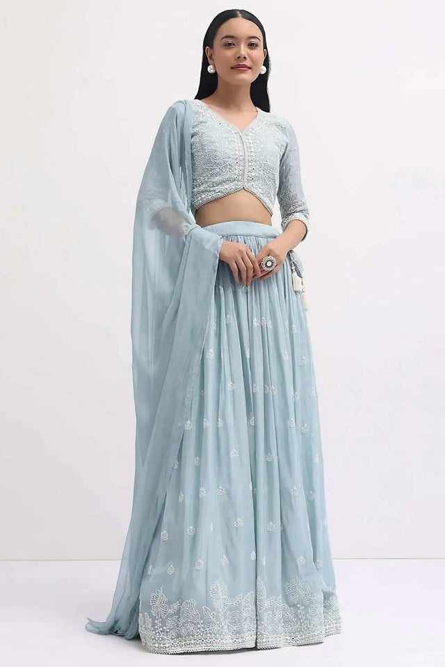 Blue Embroidered Georgette Lehenga
