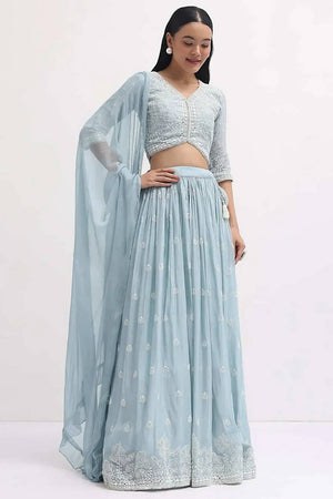 Blue Embroidered Georgette Lehenga