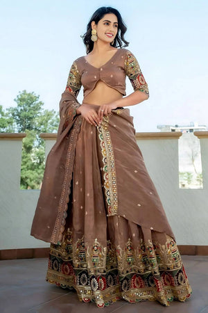 Beige Sequin Silk Lehenga