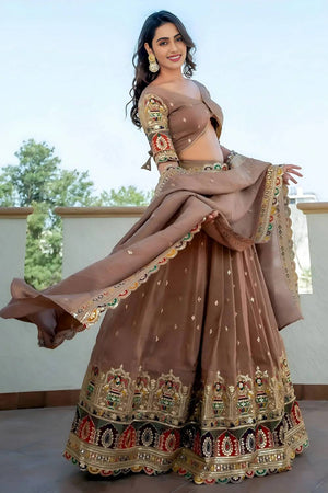Beige Sequin Silk Lehenga
