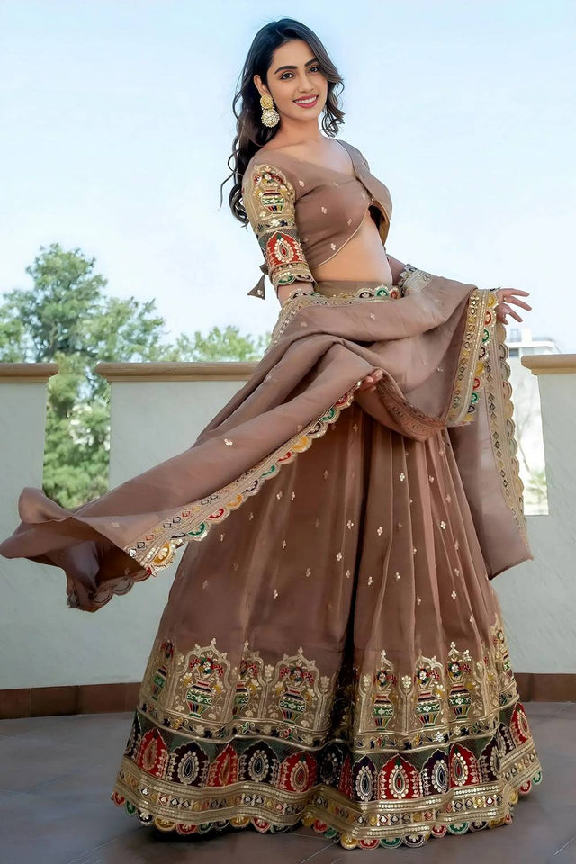 Beige Sequin Silk Lehenga