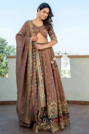 Beige Sequin Silk Lehenga