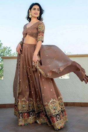 Beige Sequin Silk Lehenga