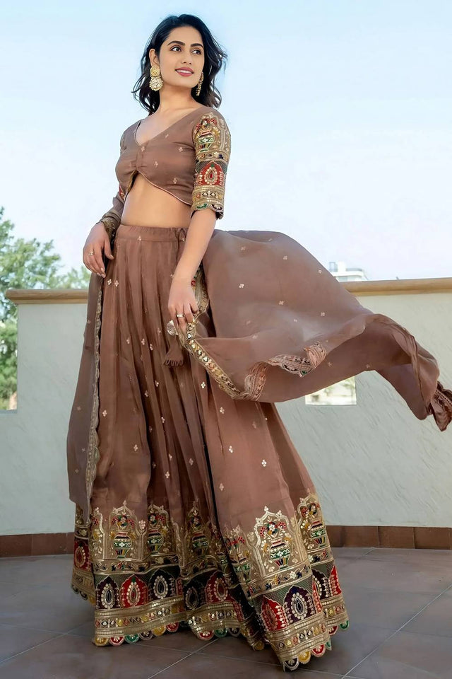 Beige Sequin Silk Lehenga
