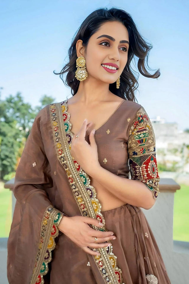 Beige Sequin Silk Lehenga