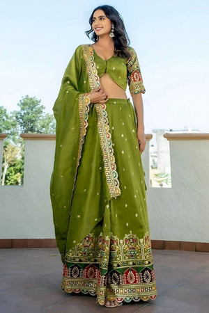 Green Sequin Silk Lehenga