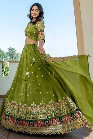 Green Sequin Silk Lehenga