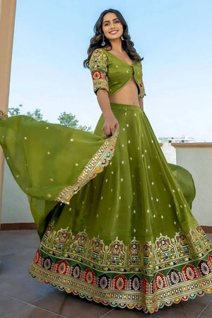 Green Sequin Silk Lehenga