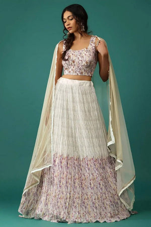 Off White Floral Printed Georgette Lehenga