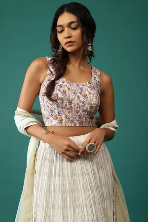 Off White Floral Printed Georgette Lehenga