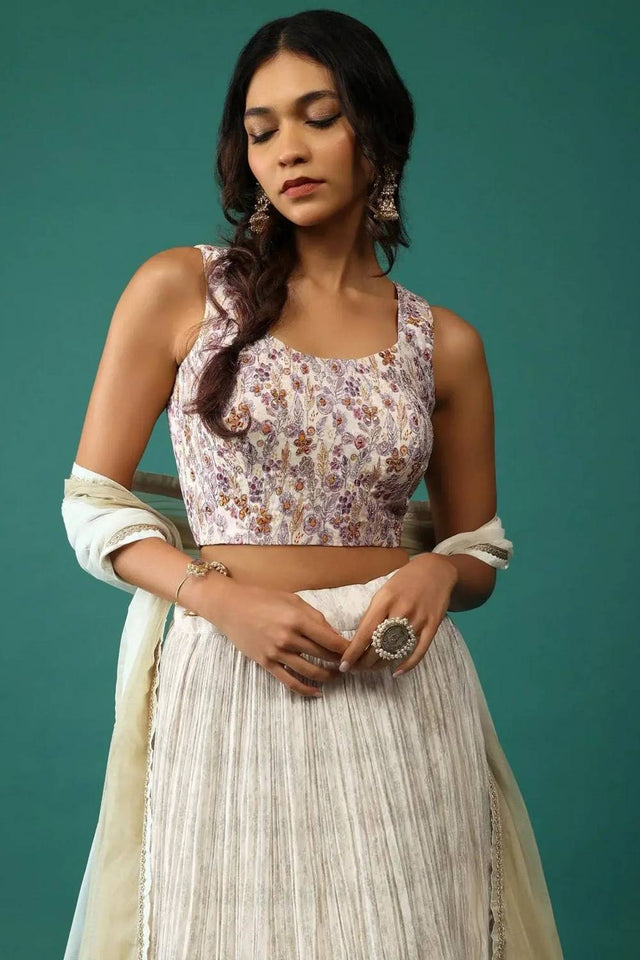 Off White Floral Printed Georgette Lehenga