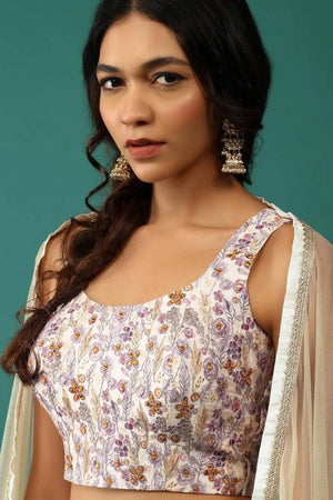 Off White Floral Printed Georgette Lehenga