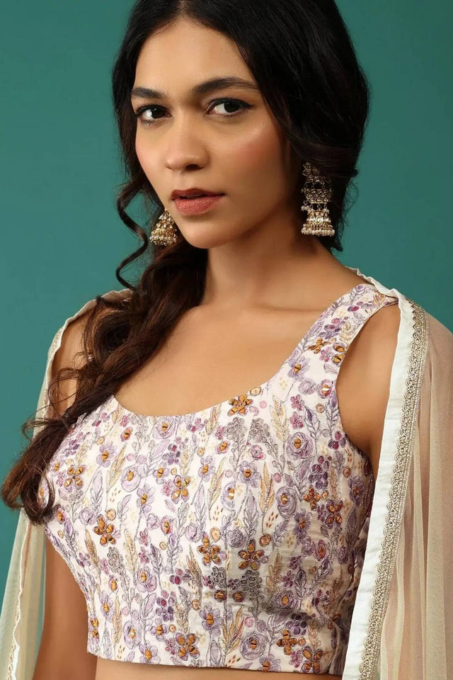 Off White Floral Printed Georgette Lehenga