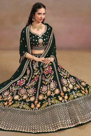 Green Floral Embroidered Georgette Lehenga