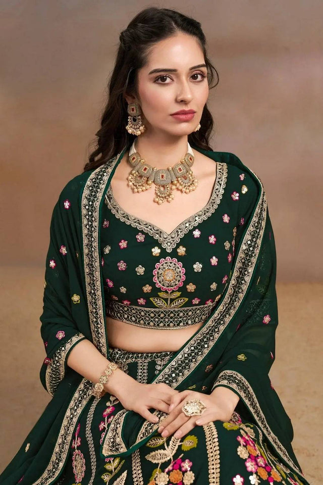 Green Floral Embroidered Georgette Lehenga