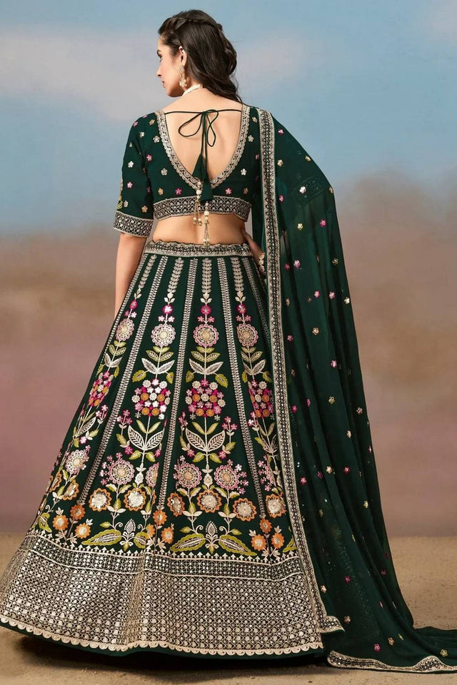 Green Floral Embroidered Georgette Lehenga