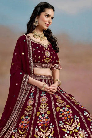 Maroon Floral Embroidered Georgette Lehenga