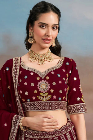 Maroon Floral Embroidered Georgette Lehenga