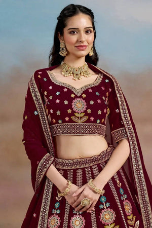 Maroon Floral Embroidered Georgette Lehenga