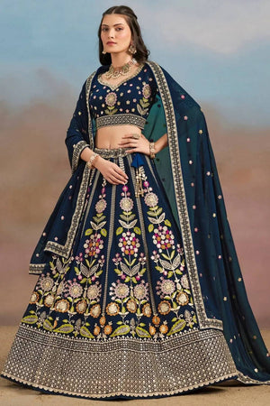 Navy Blue Floral Embroidered Georgette Lehenga