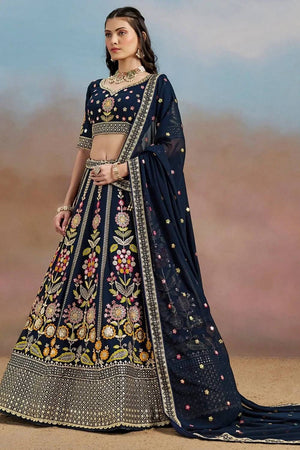 Navy Blue Floral Embroidered Georgette Lehenga