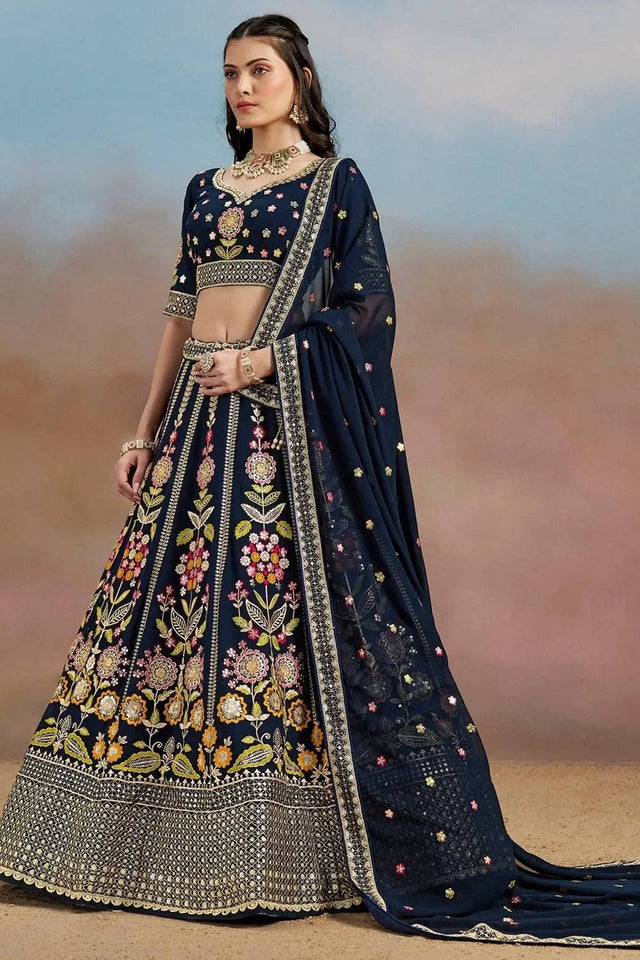 Navy Blue Floral Embroidered Georgette Lehenga