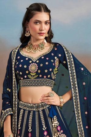 Navy Blue Floral Embroidered Georgette Lehenga