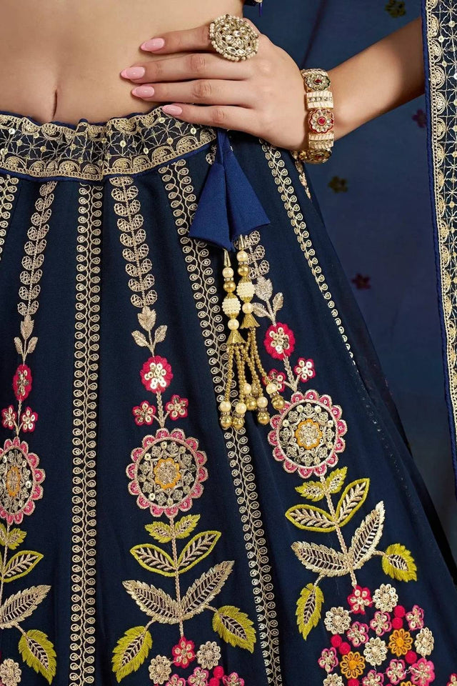 Navy Blue Floral Embroidered Georgette Lehenga