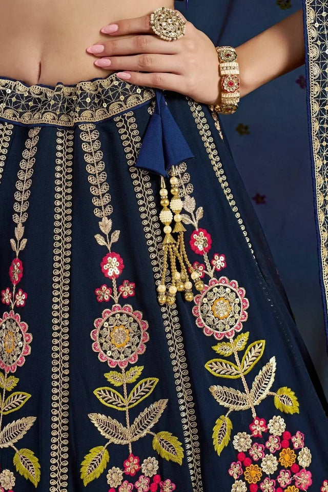 Navy Blue Floral Embroidered Georgette Lehenga