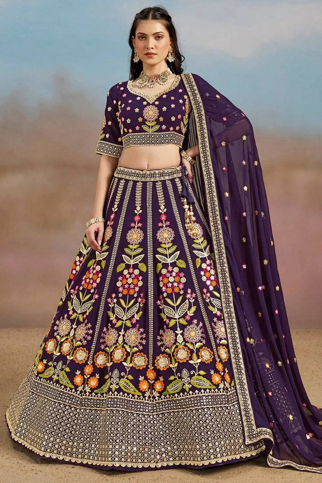 Violet Floral Embroidered Georgette Lehenga