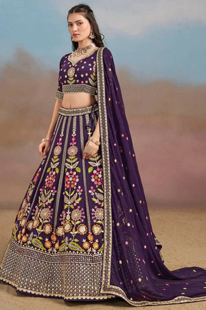 Violet Floral Embroidered Georgette Lehenga