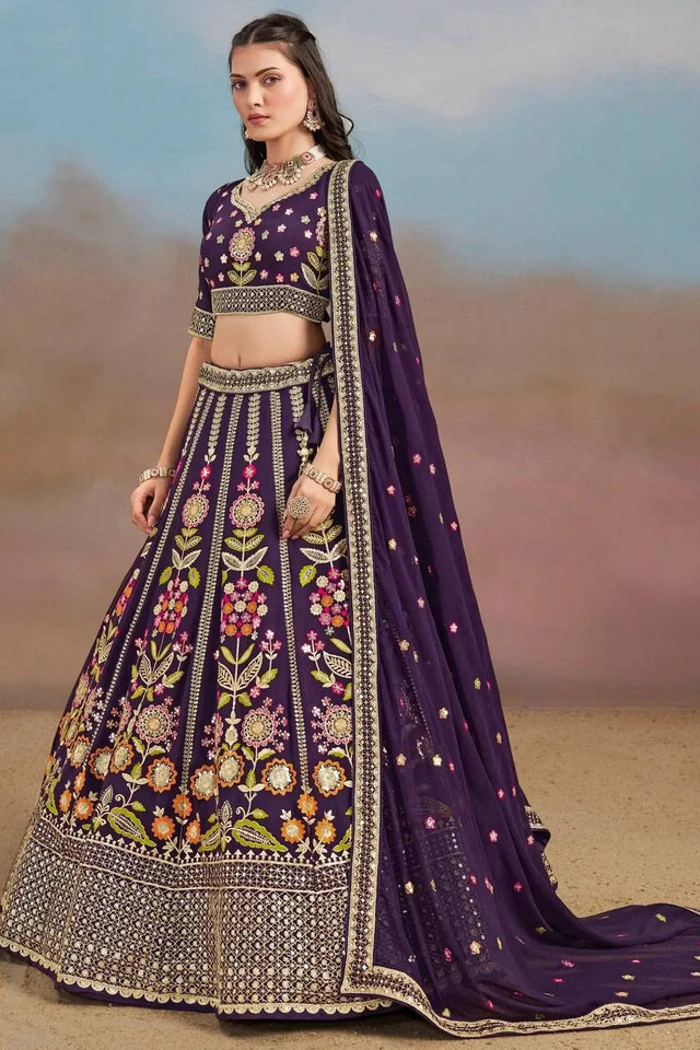 Violet Floral Embroidered Georgette Lehenga