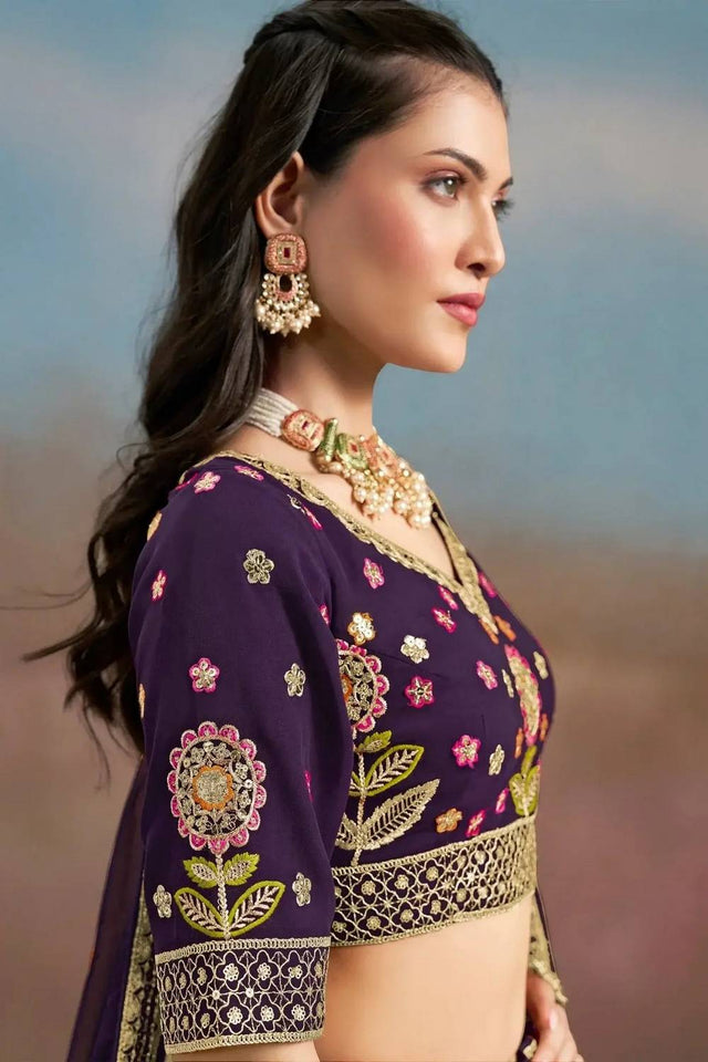 Violet Floral Embroidered Georgette Lehenga