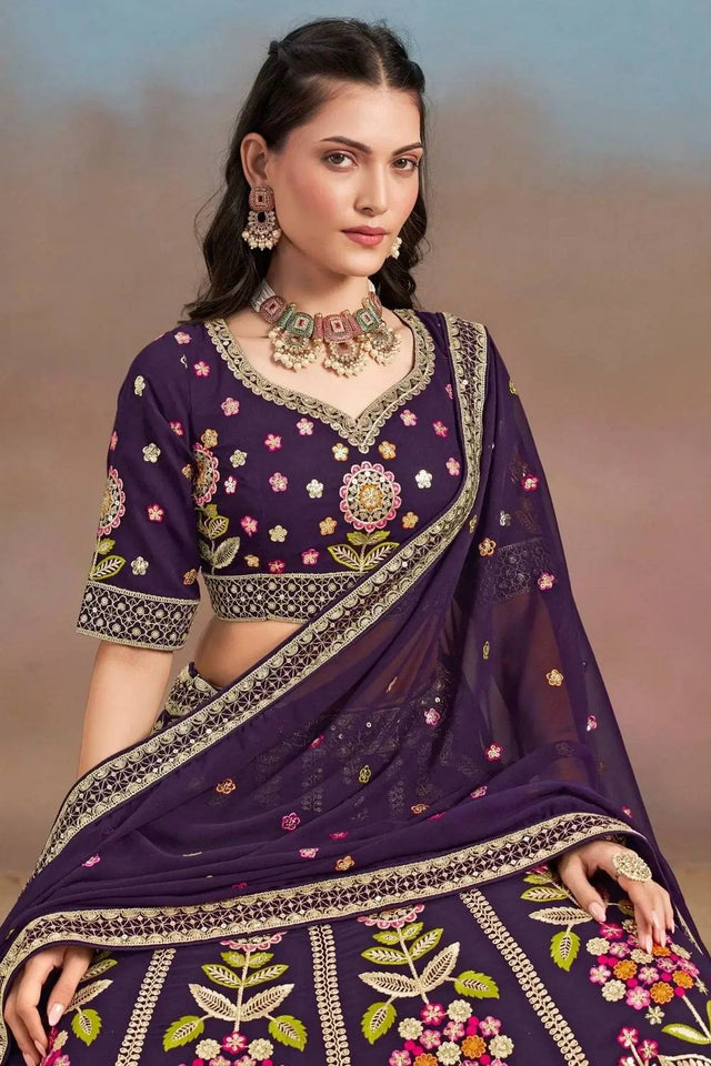 Violet Floral Embroidered Georgette Lehenga