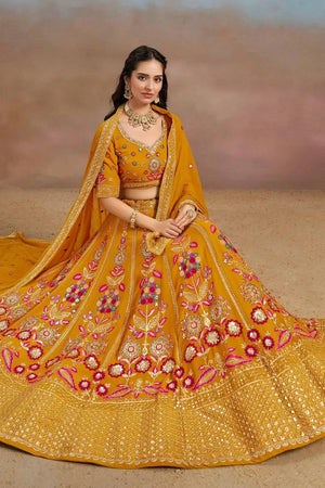 Yellow Floral Embroidered Georgette Lehenga