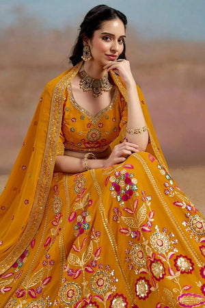 Yellow Floral Embroidered Georgette Lehenga