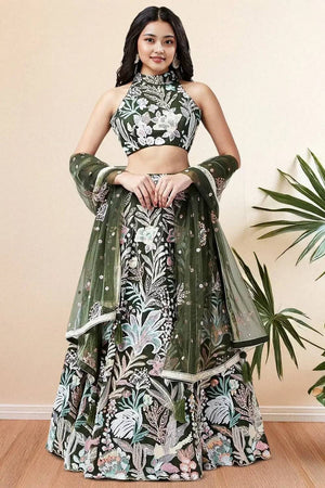 Green Sequin With Embroidered Net Lehenga