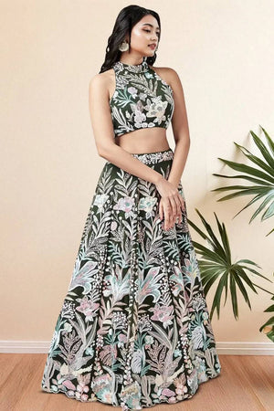 Green Sequin With Embroidered Net Lehenga