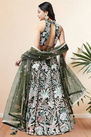 Green Sequin With Embroidered Net Lehenga