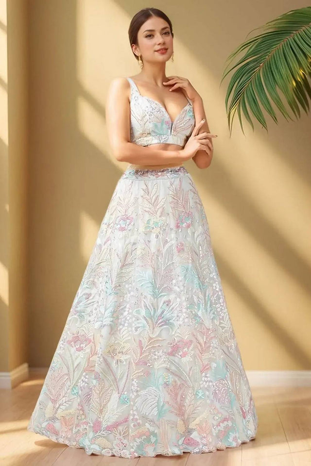 Off White Sequin With Embroidered Net Lehenga