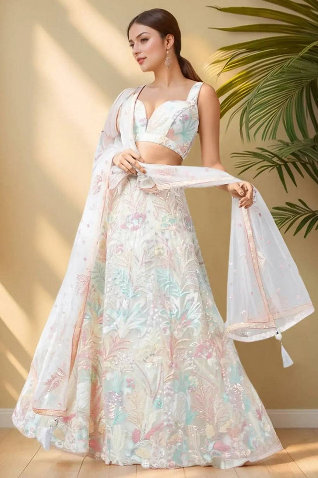 Off White Sequin With Embroidered Net Lehenga