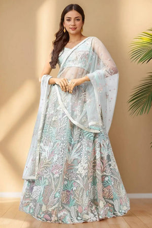 Green Sequin With Embroidered Net Lehenga