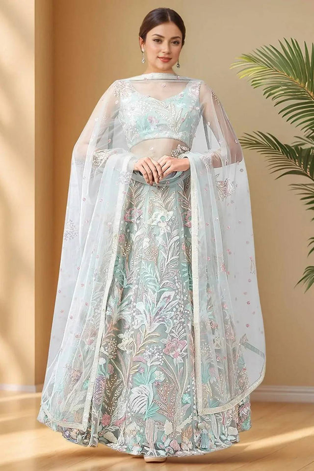 Green Sequin With Embroidered Net Lehenga