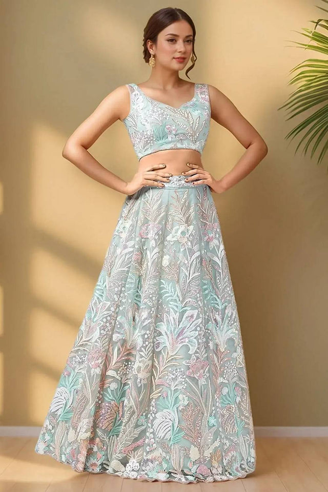 Green Sequin With Embroidered Net Lehenga