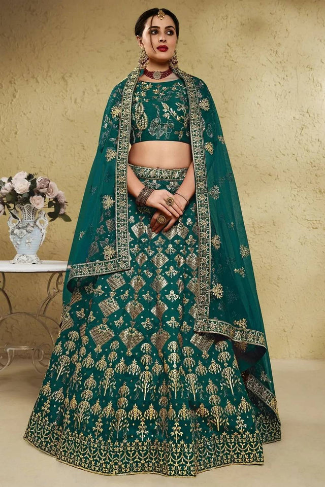 Green Sequin With Embroidered Silk Lehenga