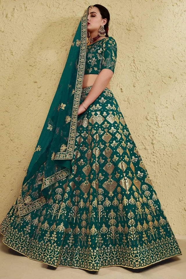 Green Sequin With Embroidered Silk Lehenga