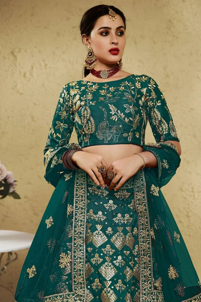 Green Sequin With Embroidered Silk Lehenga