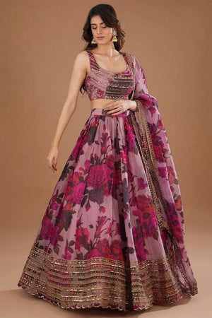Pink Floral Printed With Zari Work Organza Lehenga