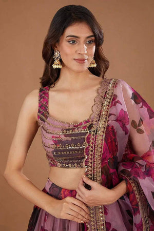 Pink Floral Printed With Zari Work Organza Lehenga